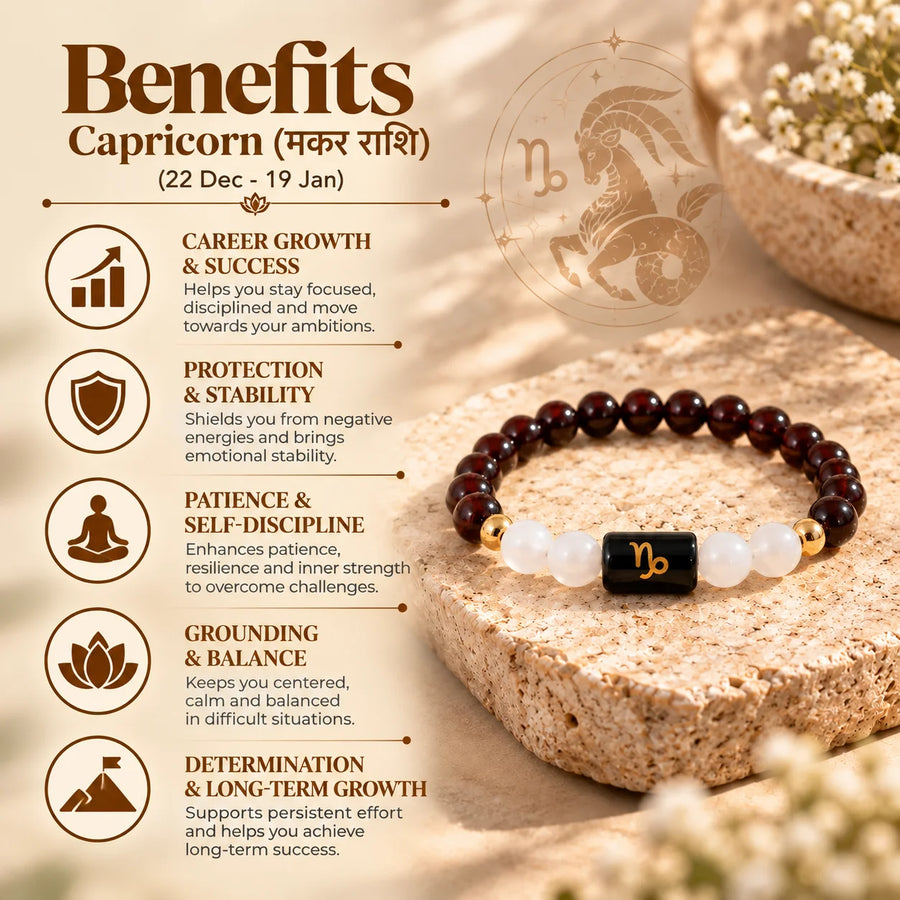 Capricorn (मकर राशि) Zodiac Bracelet - Garnet & Milky Quartz