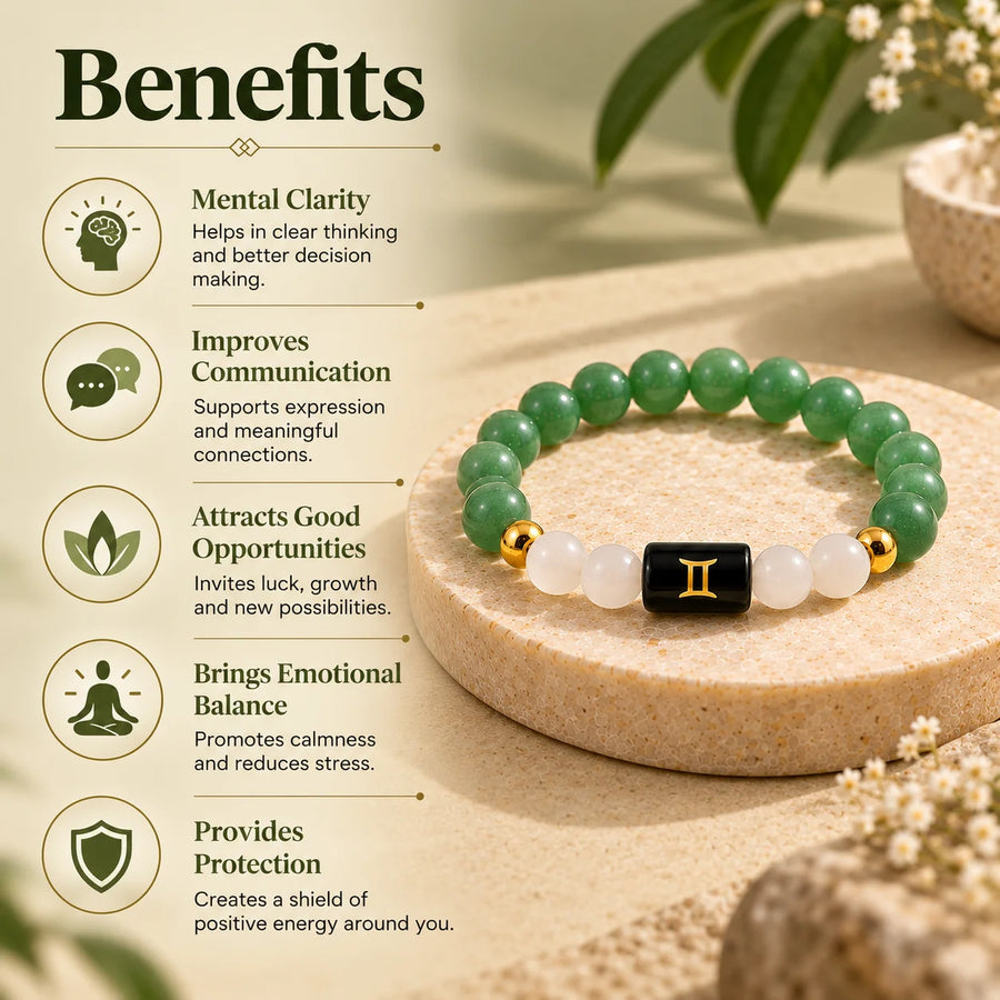 Gemini (मिथुन राशि) Crystal Bracelet – Green Aventurine & Milky Quartz