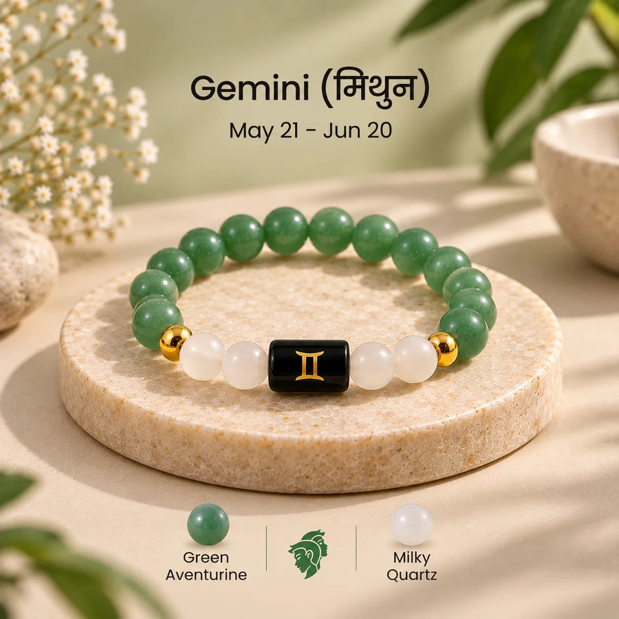 Gemini (मिथुन राशि) Crystal Bracelet – Green Aventurine & Milky Quartz