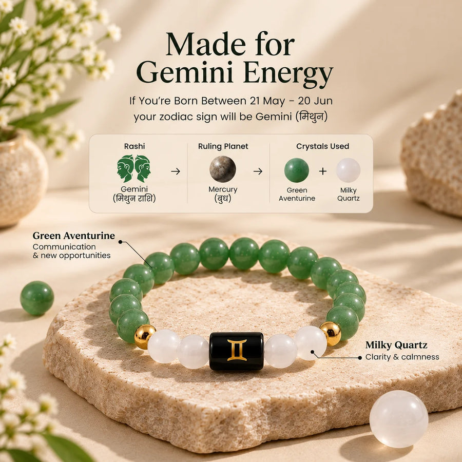 Gemini (मिथुन राशि) Crystal Bracelet – Green Aventurine & Milky Quartz