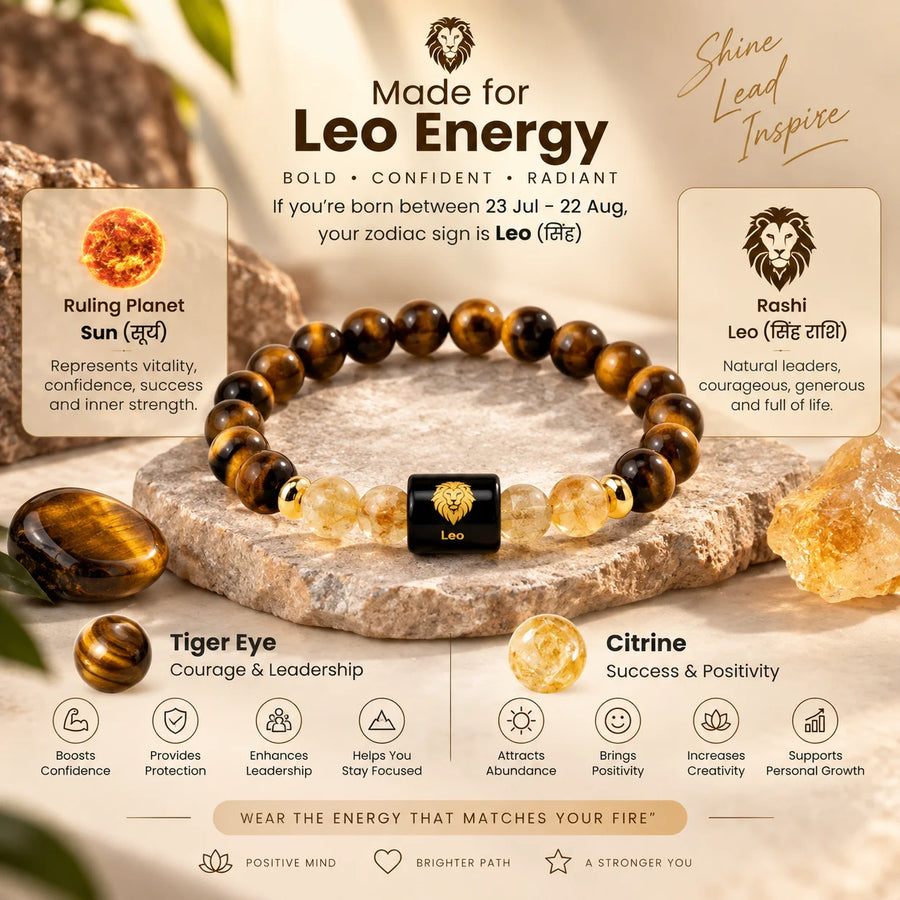 Leo (सिंह राशि) Crystal Bracelet – Tiger Eye & Citrine