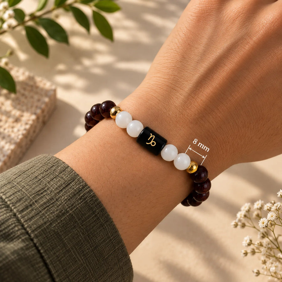 Capricorn (मकर राशि) Zodiac Bracelet - Garnet & Milky Quartz