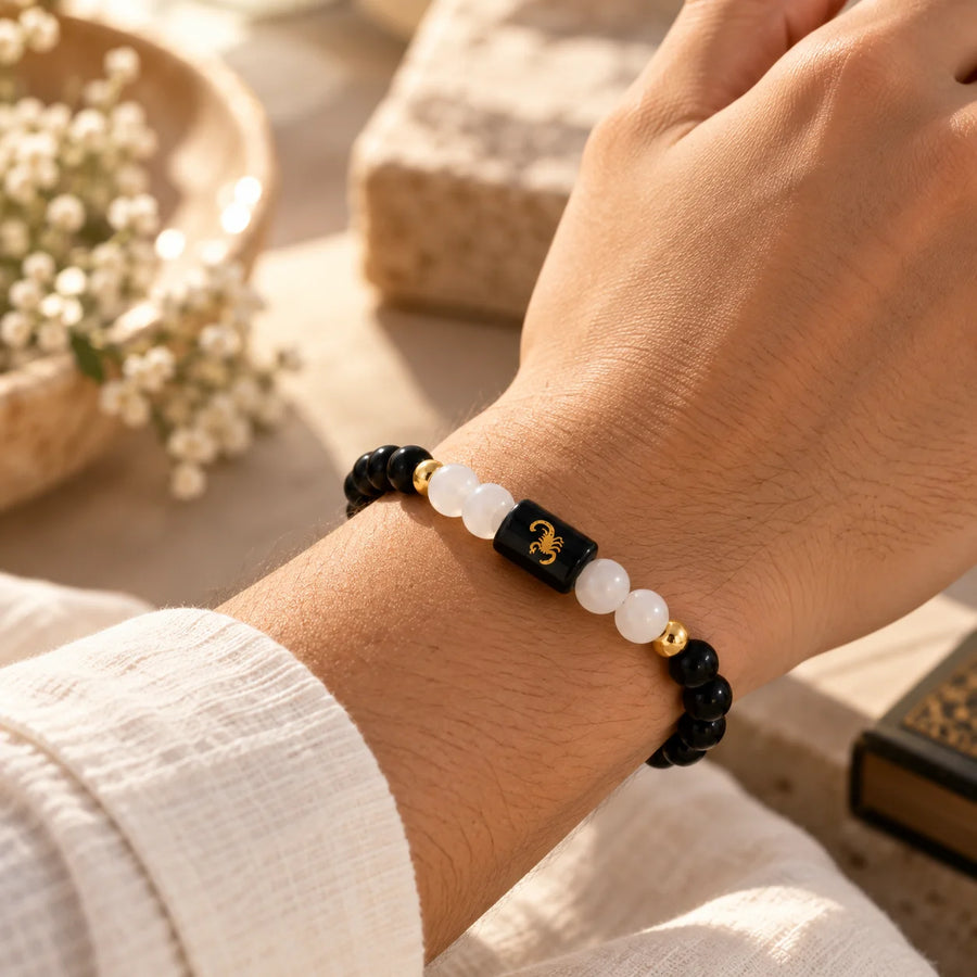 Scorpio (वृश्चिक राशि) Zodiac Bracelet - Black Obsidian & Milky Quartz